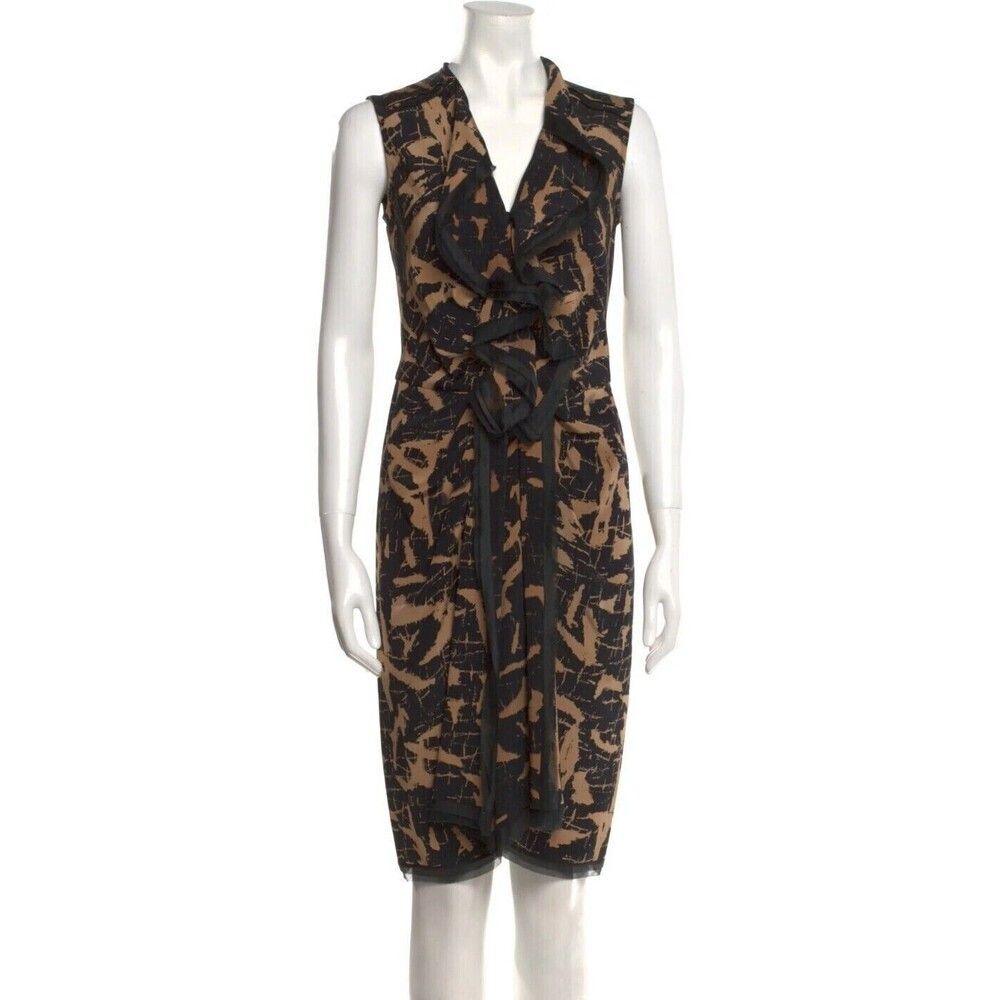 $2150 Oscar de la Renta Taupe and Black Silk Ruffle Dress Sz 6 brown black - Picture 6 of 16